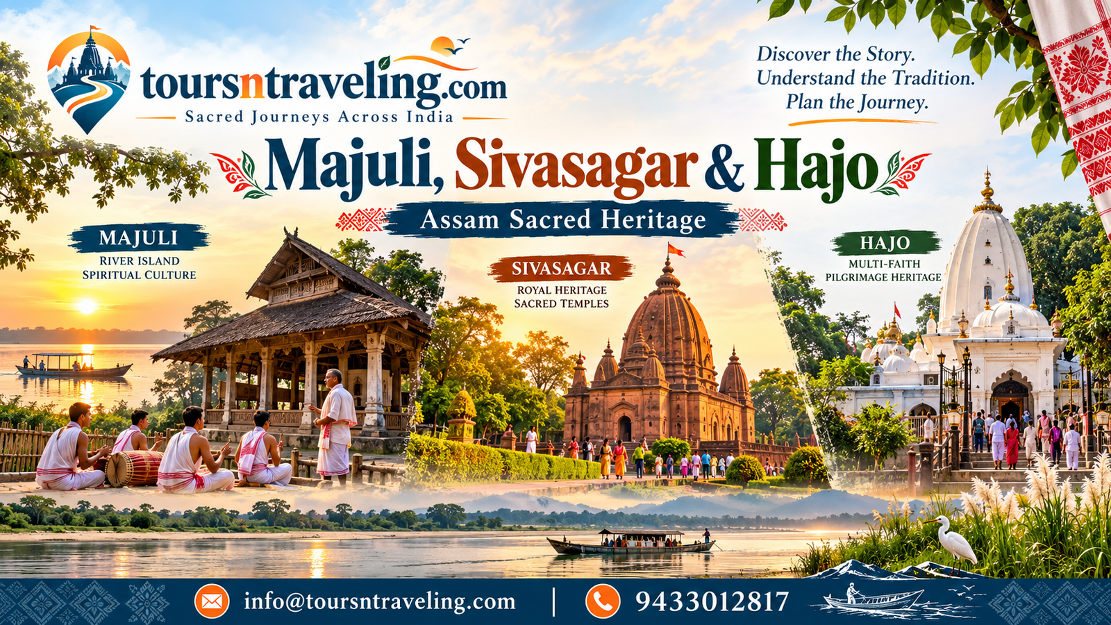 Illustrative regional pilgrimage scenery for Majuli, Sivasagar & Hajo: Assam Sacred Heritage