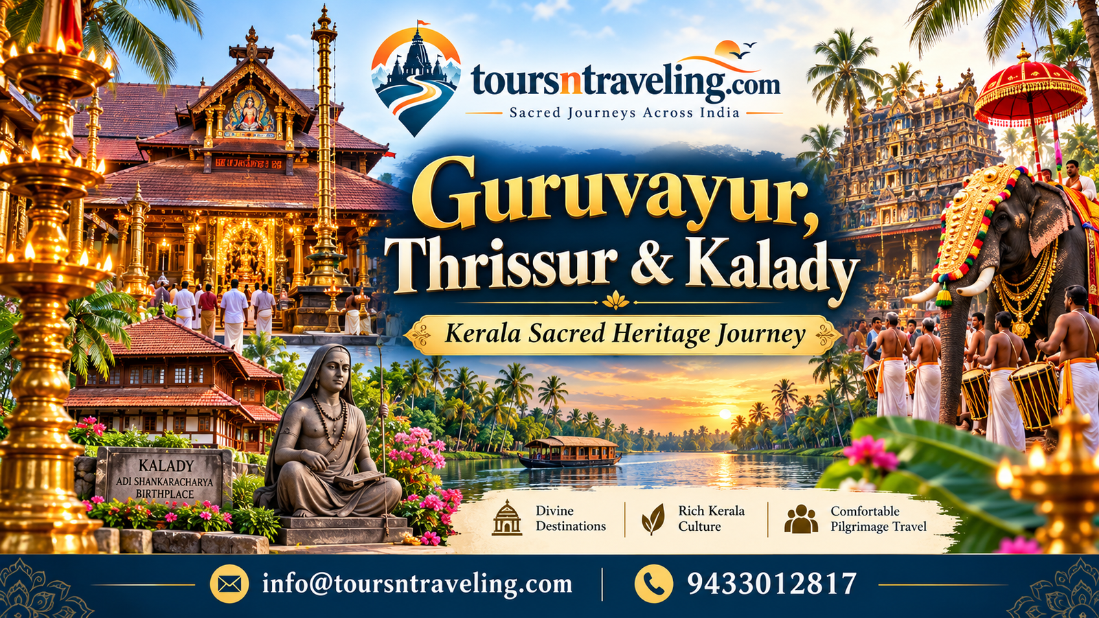 Illustrative regional pilgrimage scenery for Guruvayur, Thrissur & Kalady