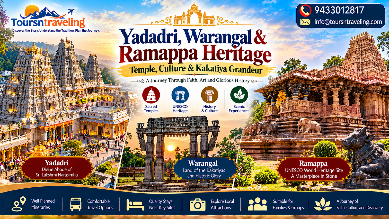 Illustrative regional pilgrimage scenery for Yadadri, Warangal & Ramappa Heritage